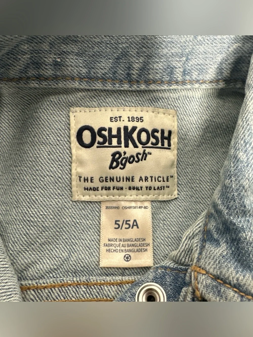 OshKosh B’gosh Girls Denim Jean Jacket Size 5/5A
